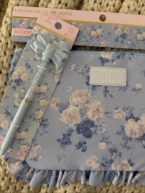 LoveShackFancy Light Blue Floral Zip Pouch and bow pen